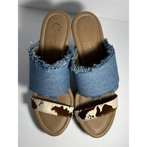 Comfort Est. 1946 Women's Sandals  Blue Denim Cow Print 9M Heels Open Mules NEW - Picture 5 of 7